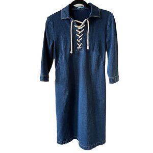 J. McLaughlin dark wash 3/4 sleeve denim knee length lace up shift dress